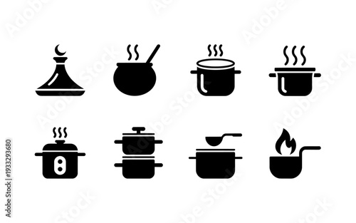 Black silhouettes of various cooking pots and pans icons on white background