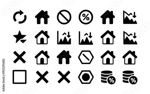 Black icons of various business and finance symbols on white background
