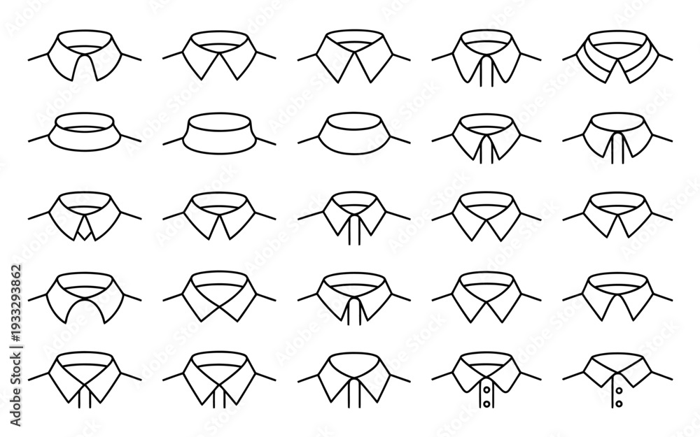 Fototapeta premium Collection of various shirt collar styles and designs in black line art