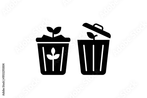 Black silhouettes of trash cans with growing plants  eco friendly waste management concept