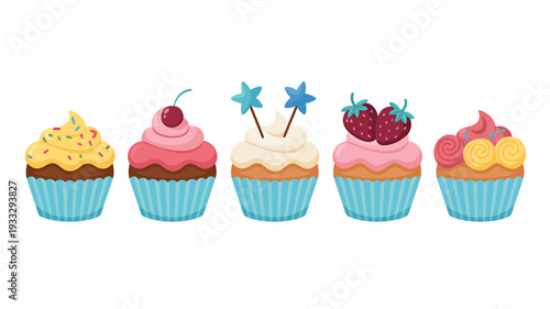 Colorful cartoon cupcakes with different frosting and toppings on white background