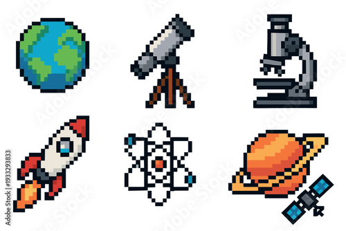 Collection of pixel art science icons featuring a planet, rocket, telescope, microscope, atom, and satellite in a retro 8-bit video game style for educational or technology themes