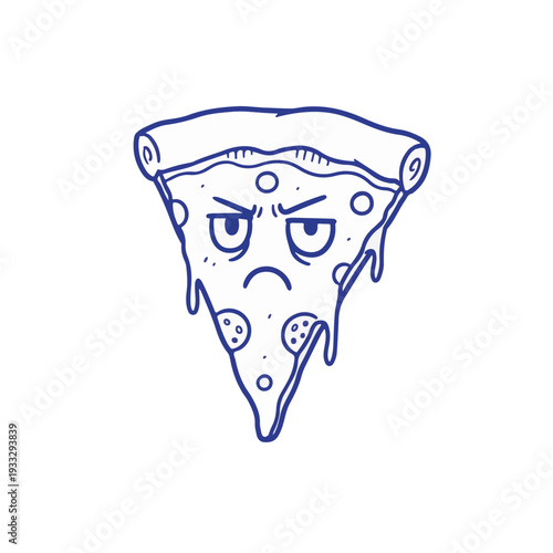 Blue Ink Outline Angry Pizza Character Mascot Grumpy Food Emotion Sticker for Restaurant Branding and Fast Food Delivery