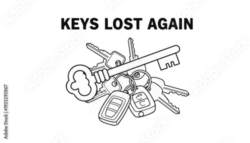 Monochrome Line Art Keychain with Keys Lost Again Typography Concept for Insurance Security and Forgetfulness Problems