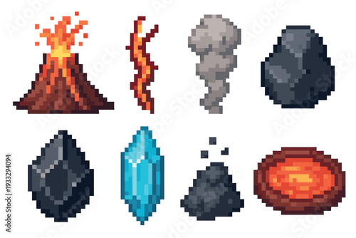 Pixel art game assets collection showing a volcano eruption, fire element, smoke cloud, stone, ore, magic crystal, ash pile, and a bowl of lava in a retro 8-bit style