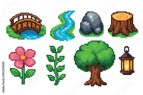 Pixel art game asset icon set with a bridge, river, rock, tree stump, flower, plant, tree, and lantern for a retro 8-bit style video game design or illustration