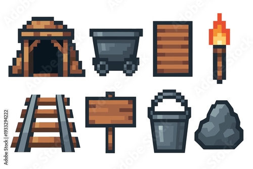 Pixel art mining icon set featuring a cave entrance, ore cart, wooden crate, flaming torch, railroad track, sign, bucket, and stone for a retro video game design