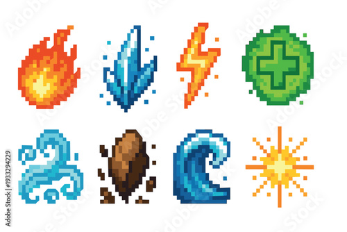 Collection of pixel art elemental magic icons featuring fire, ice, lightning, healing, air, earth, water, and light for a retro 8-bit video game user interface asset pack