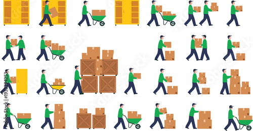 Warehouse worker moving boxes collection vector illustration, delivery staff carrying packages and pushing cart isolated on white background