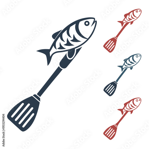 Black and red fish spatula icons with nautical elements for fishing enthusiast and professional kitchen equipment branding isolated on white space