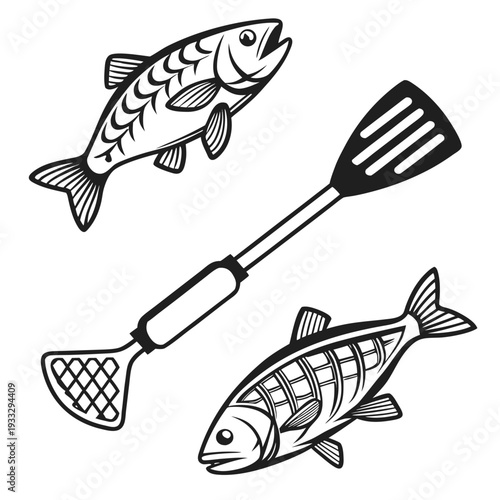 Fish and mashed potatoes vector illustration, two fishes and a potato masher, isolated on a white background, black outlines