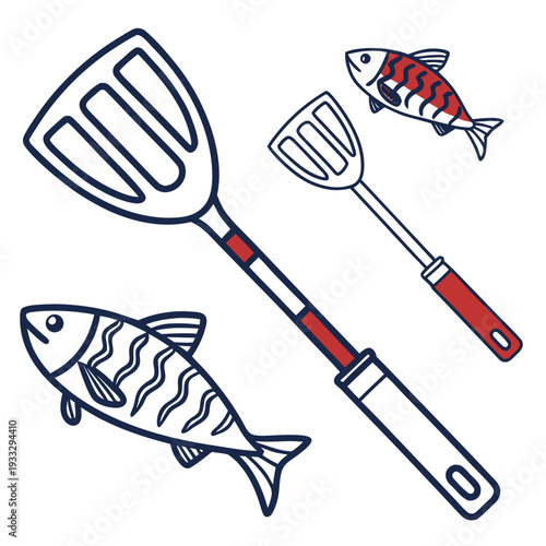 Collection of decorative spatulas and stylized fish characters for kitchen apparel prints and food service marketing isolated on white background art