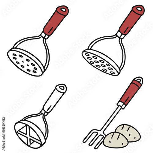 Set of four kitchen mashers in line art style, including different designs for mashing food items like potatoes with red handles