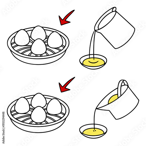 Instructional diagram showing pouring liquid from pitcher into small bowl with red arrow pointing to tray of fresh eggs for cooking and baking
