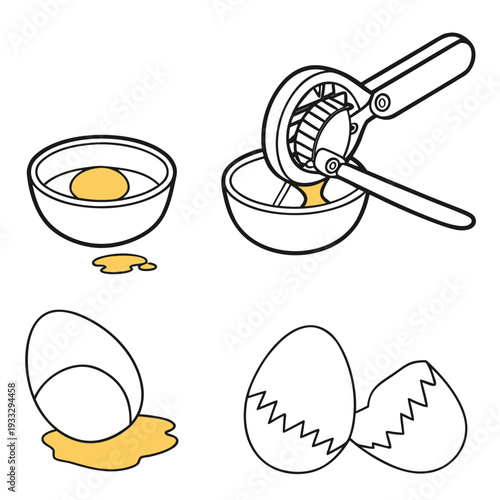 Cooking eggs collection showing process of cracking raw egg into bowl and using metal slicer with broken eggshell pieces for culinary preparation