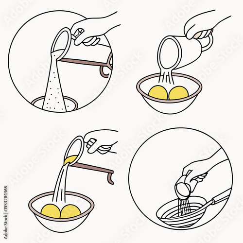 Four circular illustrations showing steps of preparing food, likely mashing potatoes, with hands using kitchen utensils