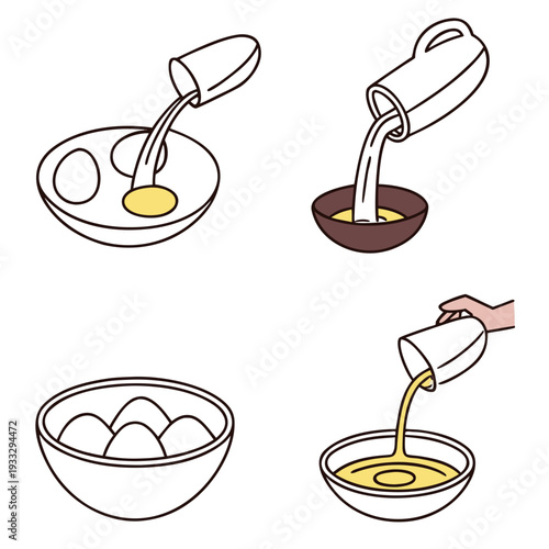 Kitchen activities set showing eggs in bowl and person pouring liquid from cup and pitcher for meal preparation with simple line art illustration