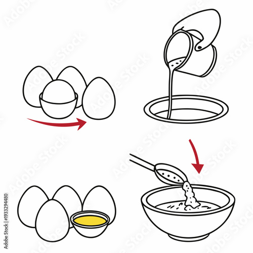 Culinary steps showing eggs in shells and pouring liquid from pitcher into bowl with spoon adding ingredients according to instructional red arrows