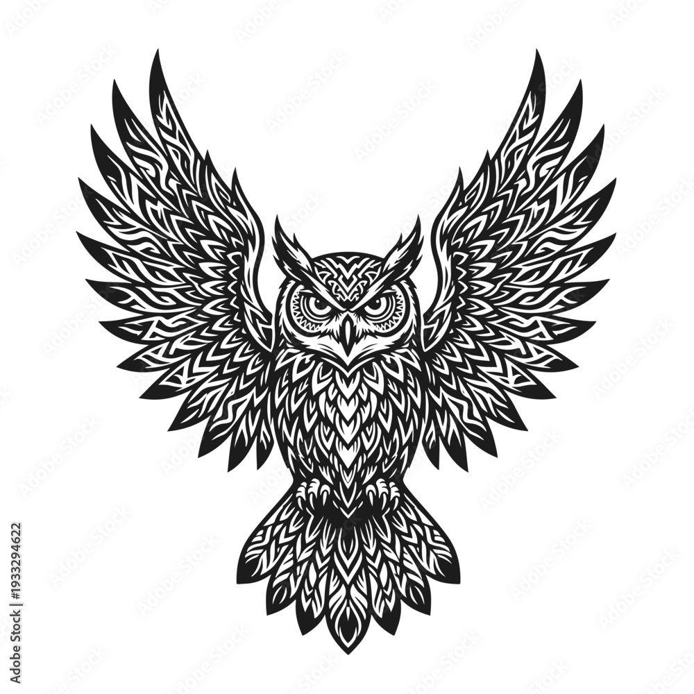 Fototapeta premium Detailed tribal owl with open wings. Wise bird, ornamental style, ethnic pattern, nocturnal predator