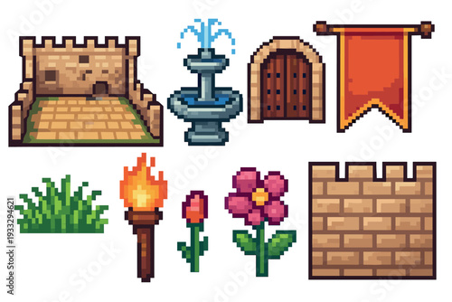 Pixel art medieval fantasy game sprite sheet containing a castle wall, fountain, torch, banner, door, flowers, and grass for a retro 8-bit video game