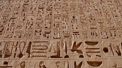 Closeup of ancient Egyptian hieroglyphic inscriptions with cartouches and bird symbols carved in sandstone wall at Medinet Habu temple in Luxor Egypt, detailed royal text. 