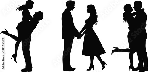 Romantic couple silhouettes embracing and holding hands, depicting love, affection, relationship, dating, passion, and intimate connection concept isolated on white background