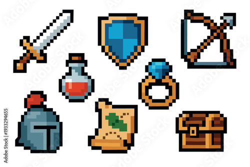 Pixel art fantasy role playing game icons featuring a sword, shield, bow, potion, ring, helmet, map, and chest in a classic 8-bit retro video game style asset collection