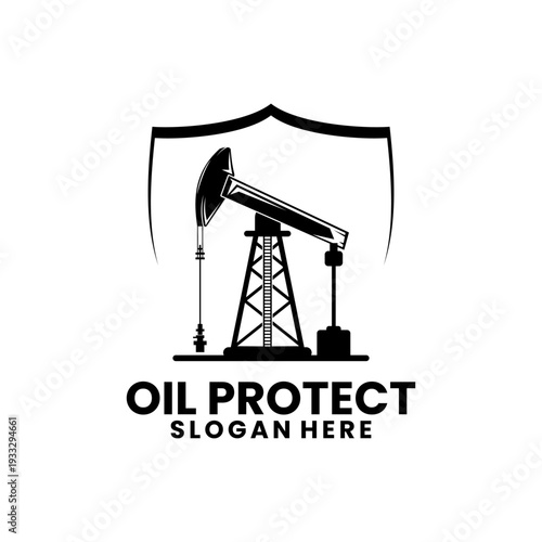 Oil Protect Shield Logo with Pump jack vector. Oil logo design vector template