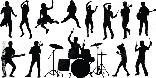 Silhouette musicians and dancers performing energetic rock concert poses isolated on white background for music festival design poster branding advertising