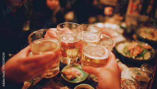 Group of people enthusiastically clinking glasses filled with light-colored beverages over a table laden with food.