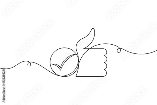 Approval success like icon continuous one line drawing on white background minimalist thumbs up verified tick sign symbol outline vector illustration