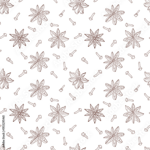 Star anise, dry cloves. Monochrome botanical seamless pattern drawing of fragrant herbs and spices. Graphic ink vector. Good for decoration of cooking, menu, decor, stickers
