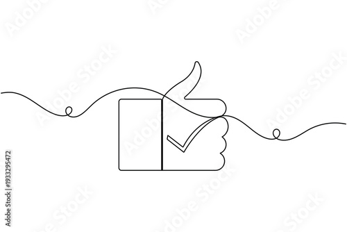Approval success like icon continuous one line drawing on white background minimalist thumbs up verified tick sign symbol outline vector illustration
