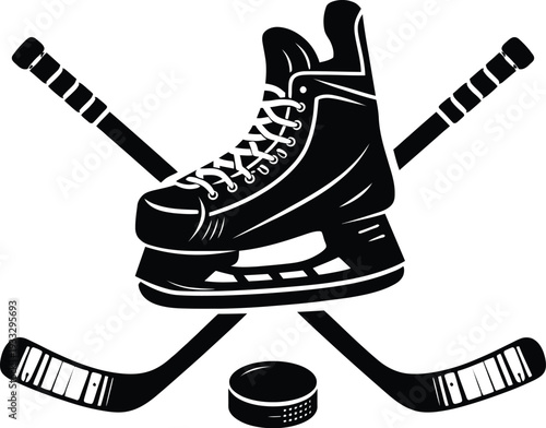 Black and white ice hockey skate sticks and puck vector illustration
