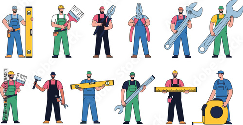Cartoon construction workers with tools, diverse trades illustration, handyman clipart, repair equipment icons, building laborers artwork, vocational training educational graphics