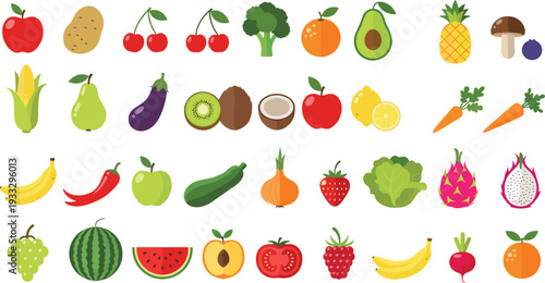 Large Flat Vector Fruit and Vegetable Icon Set, Featuring Apple, Banana, Carrot, Broccoli, Avocado, Watermelon, and Healthy Organic Food Illustrations,