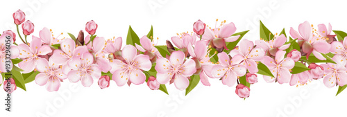 Seamless border with pink sakura blossoms and buds on branches. Delicate spring floral design for greeting cards, wedding decor, banners, packaging, and seasonal backgrounds.