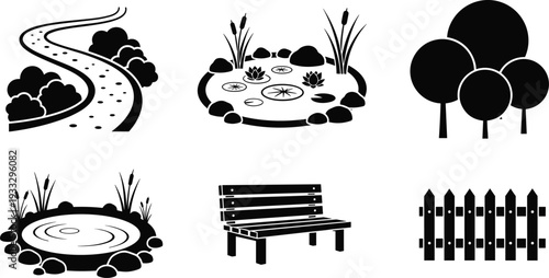 Park and Garden Landscaping Icon Set featuring Winding Stone Path, Lily Pond, Nature Trees, Wooden Bench, Garden Fence, and Water