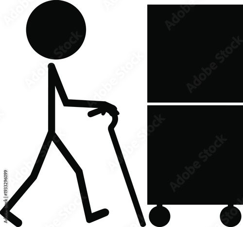 Elderly person silhouette using walking stick pushing shopping cart mobility assistance senior care black white vector illustration design