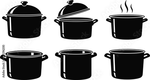 Black and white cooking pot icons, boiling pot with steam, closed lid, open lid, kitchen utensil illustrations, culinary symbol set, vector graphic