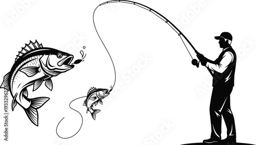 Black and white illustration of fisherman catching fish, sport fishing action scene, outdoor adventure, nature wildlife drawing, fishing rod tension, aquatic life artwork