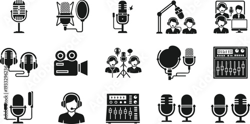 Podcasting and Radio Broadcasting Icon Set featuring Professional Microphones, Audio Mixers, Video Cameras, Headphones, Studio Producers, and Voice Recording Equipment