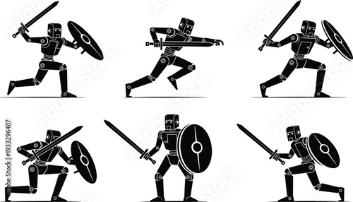Black and white robot warrior silhouette illustration, futuristic humanoid combat poses with sword and shield, mechanical battle artwork design, sci‑fi character concept