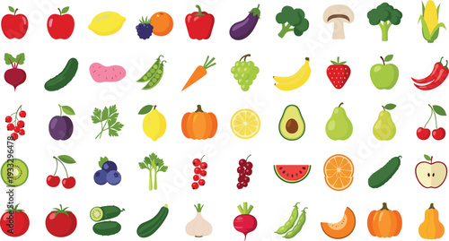 Large collection of flat fruit and vegetable icons vector set isolated on white background for healthy food design and nutrition