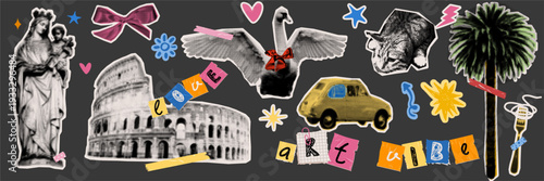 Nostalgic travel collage elements in doodle sketch style. European landmarks and animal silhouettes for aesthetic postcard prints and social media highlights.