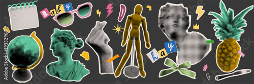 Modern sculpture collage elements in doodle sketch style. Minimalist pineapple and fashion silhouettes for aesthetic branding and social media graphics.