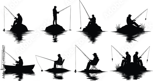 Silhouettes of fishermen on boats at sunset, traditional fishing scene with rods and nets, calm water reflections, black and white illustration
