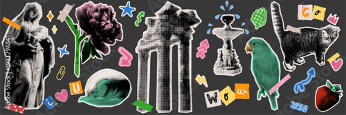 Retro halftone collage elements in doodle sketch style. Vintage statue and pop art silhouettes for fashion branding and social media sticker set.