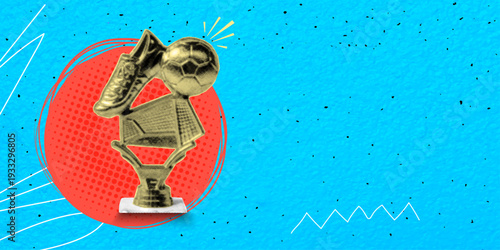 Trendy halftone pop art collage. Football championship with a golden soccer ball, football boot, and goalposts on a marble stand, vector illustration.