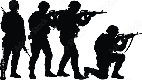 Silhouette of Armed Military Soldiers in Tactical Formation Isolated on White Background, Special Forces Team Aiming Rifles in Combat Position Concept for Defense Security
